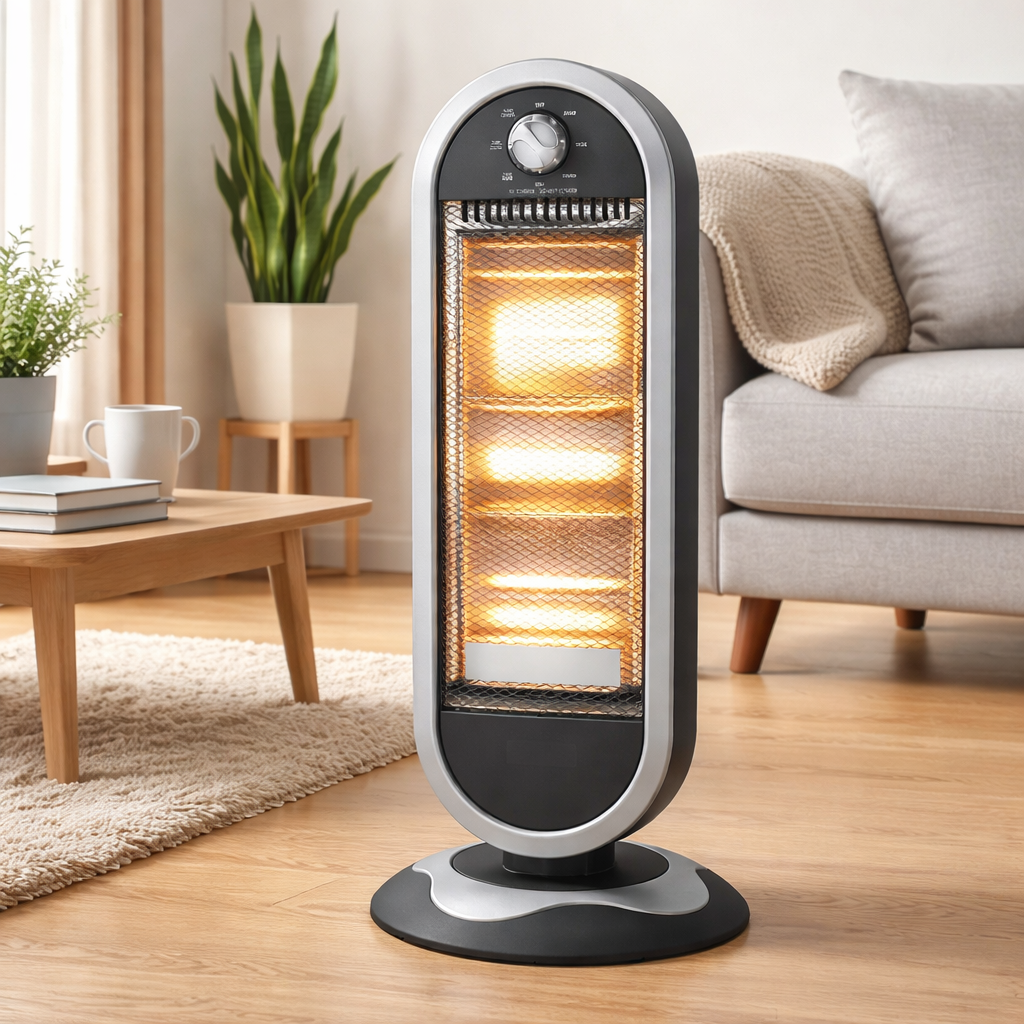 Estufa Eléctrica Oscilante Negro/Plata 1200W con Tubos de Cristal y Sistema Antivuelco