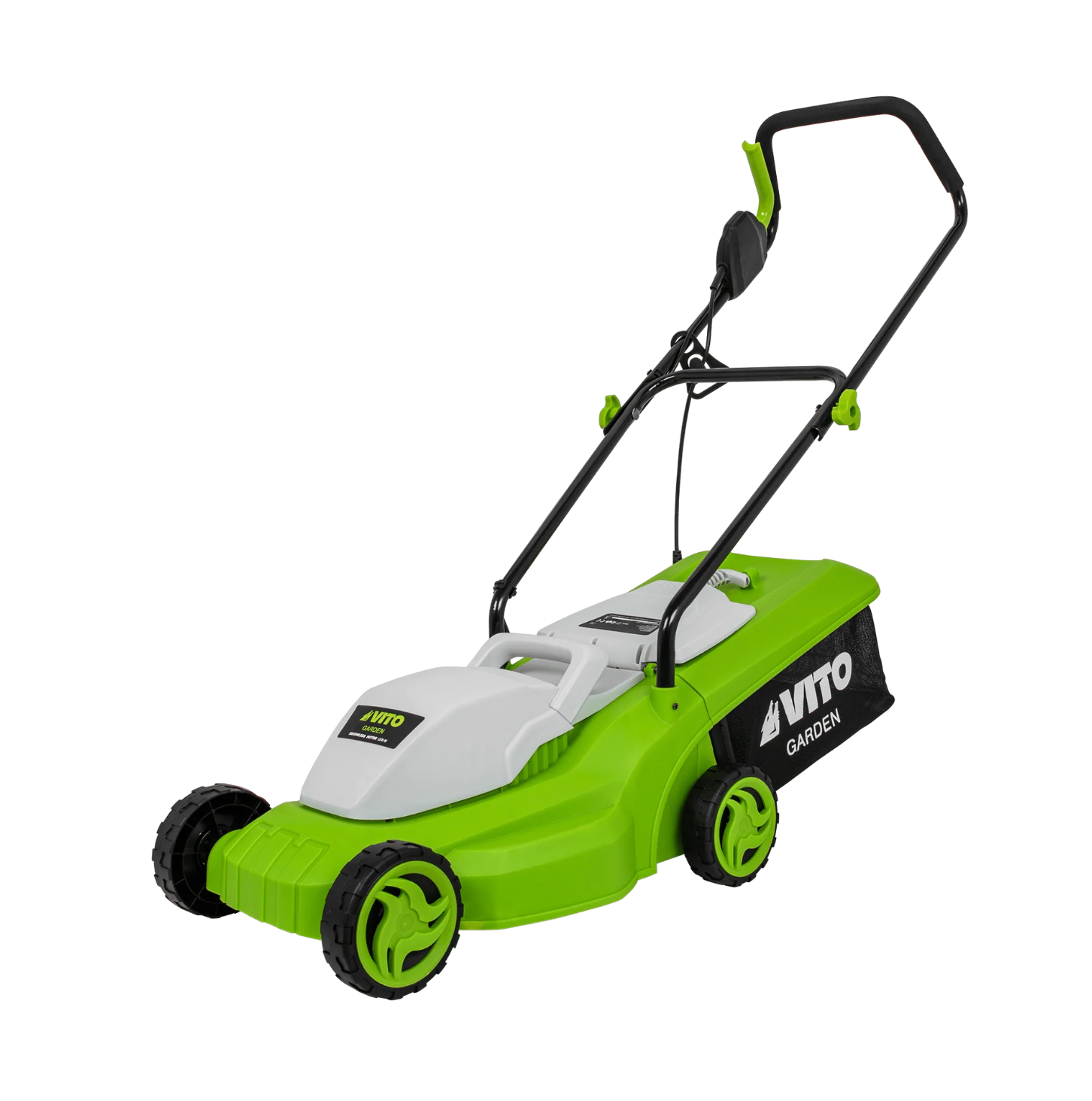 Cortacésped eléctrico 1200W con motor de inducción, 320mm de corte, 3 alturas ajustables y bolsa recogedora de 30L