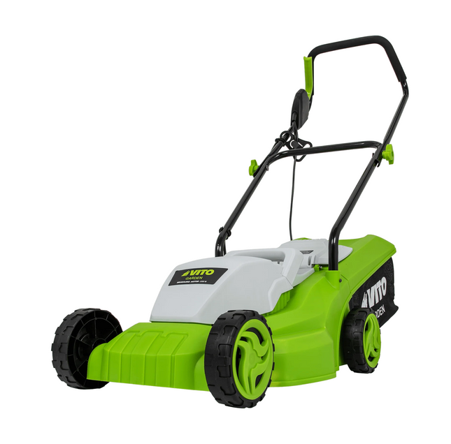 Cortacésped eléctrico 1200W con motor de inducción, 320mm de corte, 3 alturas ajustables y bolsa recogedora de 30L