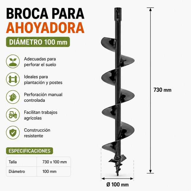 Broca para Ahoyadora 100 mm x 730 mm – Perforación de Tierra