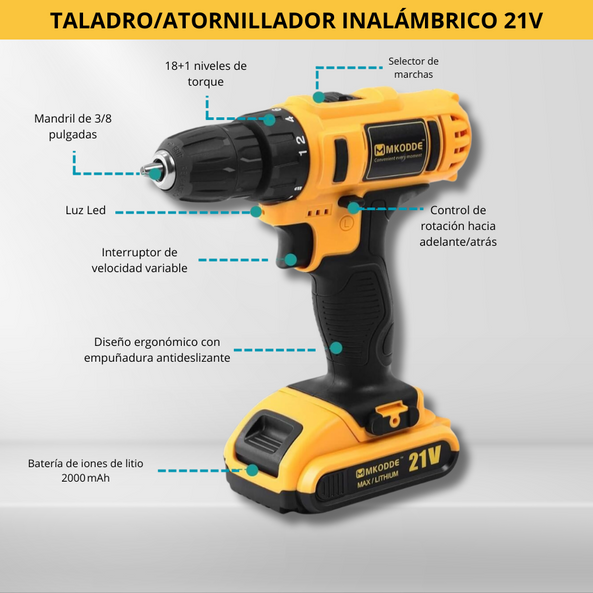 Taladro Inalámbrico 21V con 93 Accesorios – Potente para Tareas del Hogar