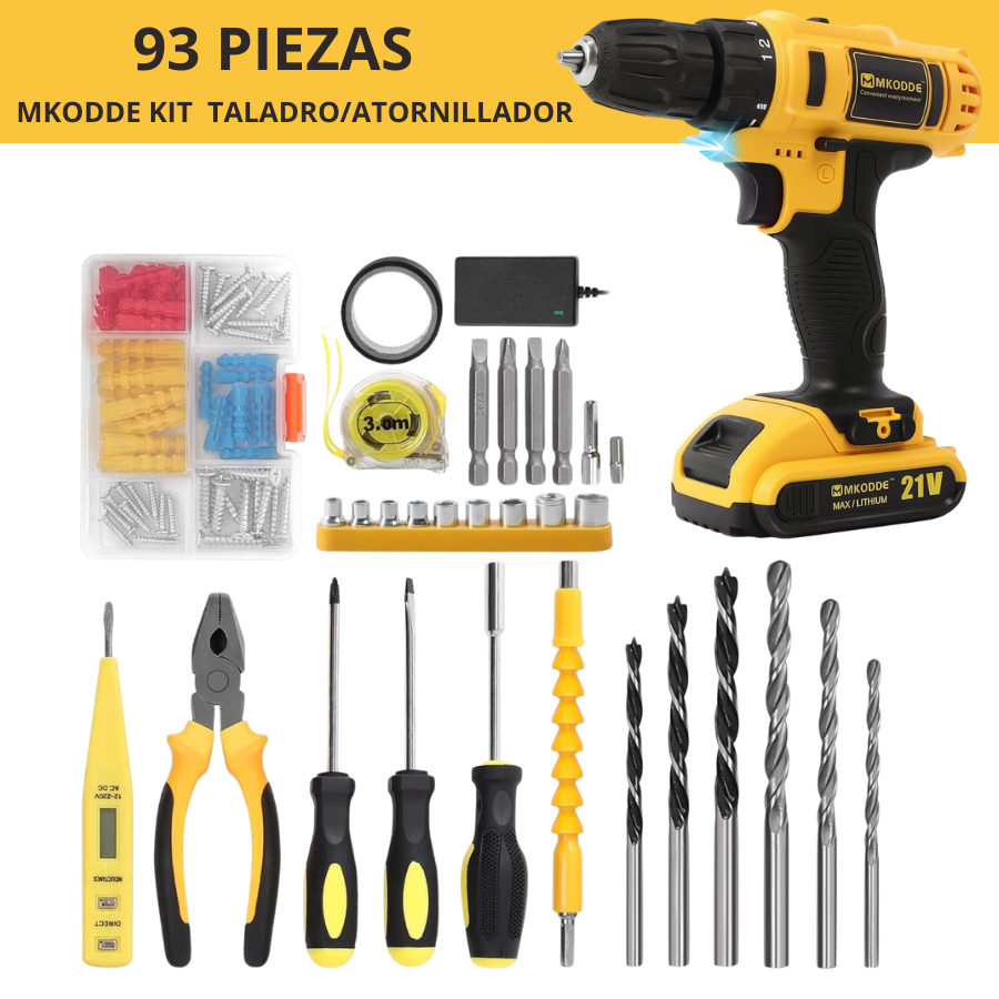 Taladro Inalámbrico 21V con 93 Accesorios – Potente para Tareas del Hogar