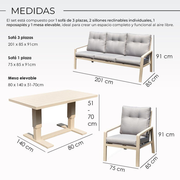 Set de Jardín para 5 Personas con Sofá, Sillones Reclinables y Mesa Elevable - YOEVU Vista Lounge