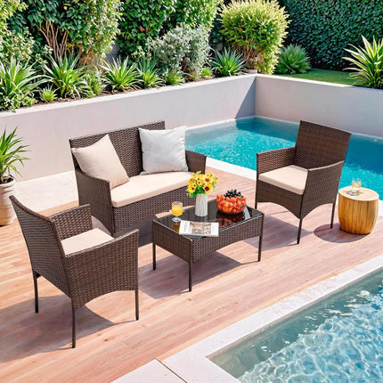 Set de Jardín  4 Piezas – Sofá, Sillas y Mesa de Exterior en Ratán Café