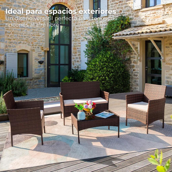 Set de Jardín  4 Piezas – Sofá, Sillas y Mesa de Exterior en Ratán Café