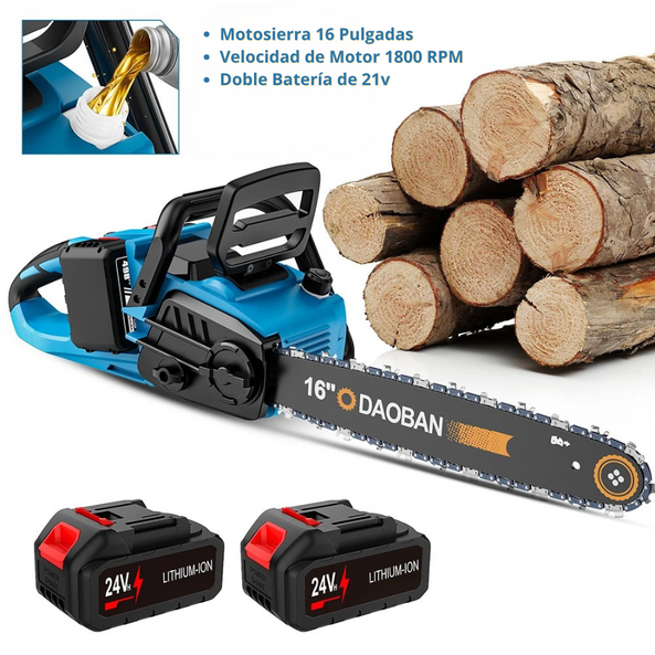Motosierra Eléctrica Inalámbrica 16” con 2 Baterías 21V | Engrase Automático y Mango Antideslizante para Poda de Jardín