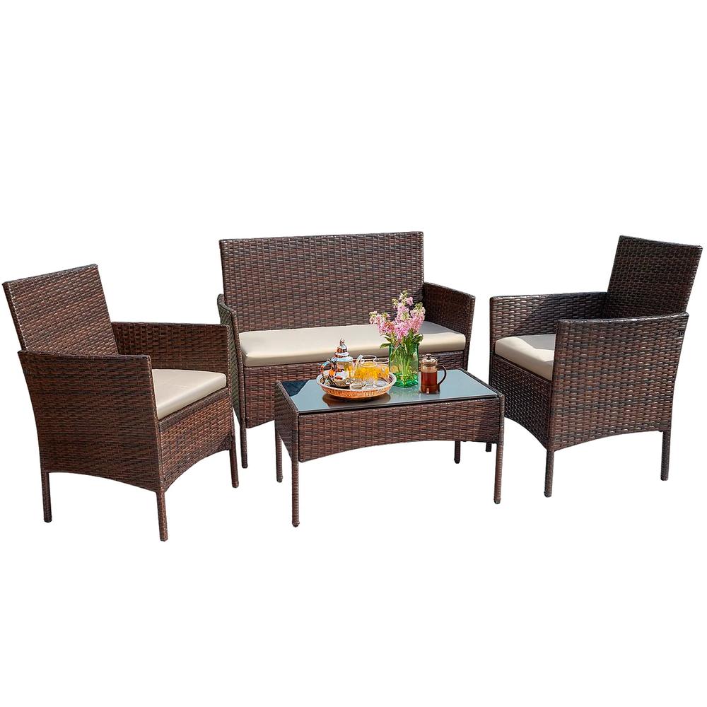 Set de Jardín  4 Piezas – Sofá, Sillas y Mesa de Exterior en Ratán Café