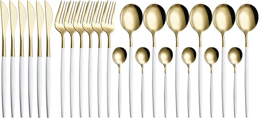 Juego de Cubiertos Dorado con Blanco – Elegancia y Distinción para tus Comidas