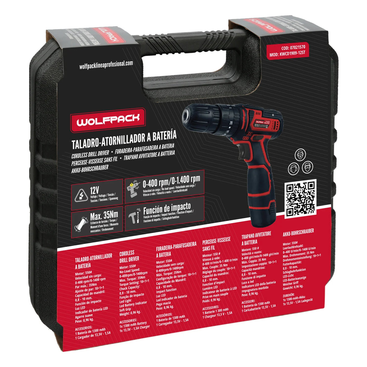 Taladro atornillador 12 V con percutor y 2 velocidades, batería 1.300 mAh, par 35 Nm