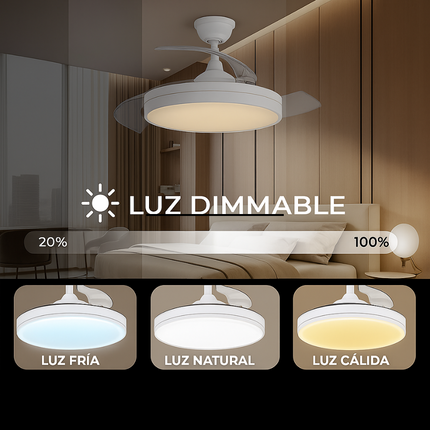 Ventilador de Techo LED Retráctil  – 6 Velocidades, Luz Dimmable, Motor DC