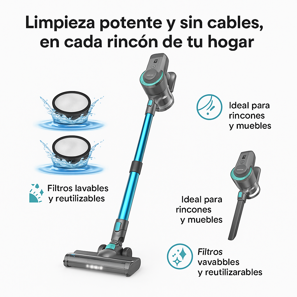 Aspiradora Vertical Sin Cable, Ultraligera 6 en 1 con Filtro HEPA y Cepillo LED
