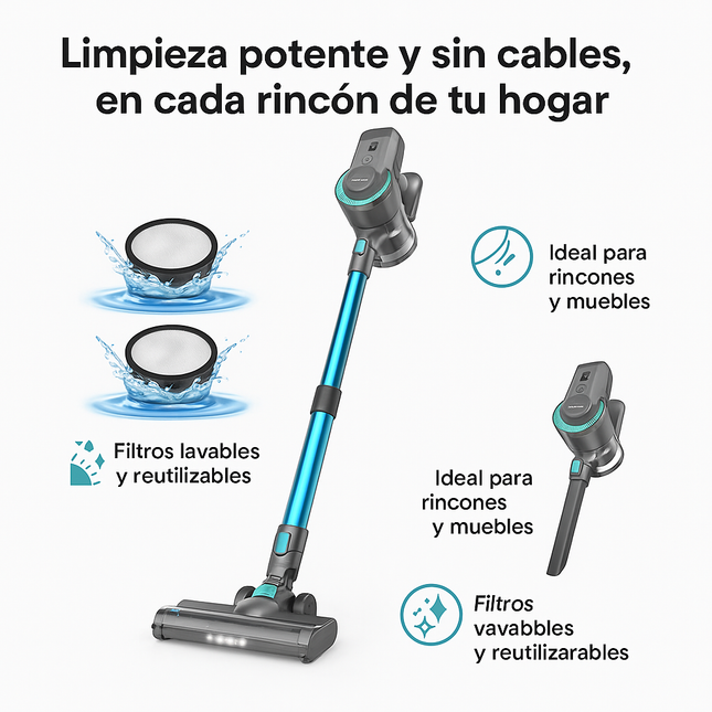 Aspiradora Vertical Sin Cable, Ultraligera 6 en 1 con Filtro HEPA y Cepillo LED