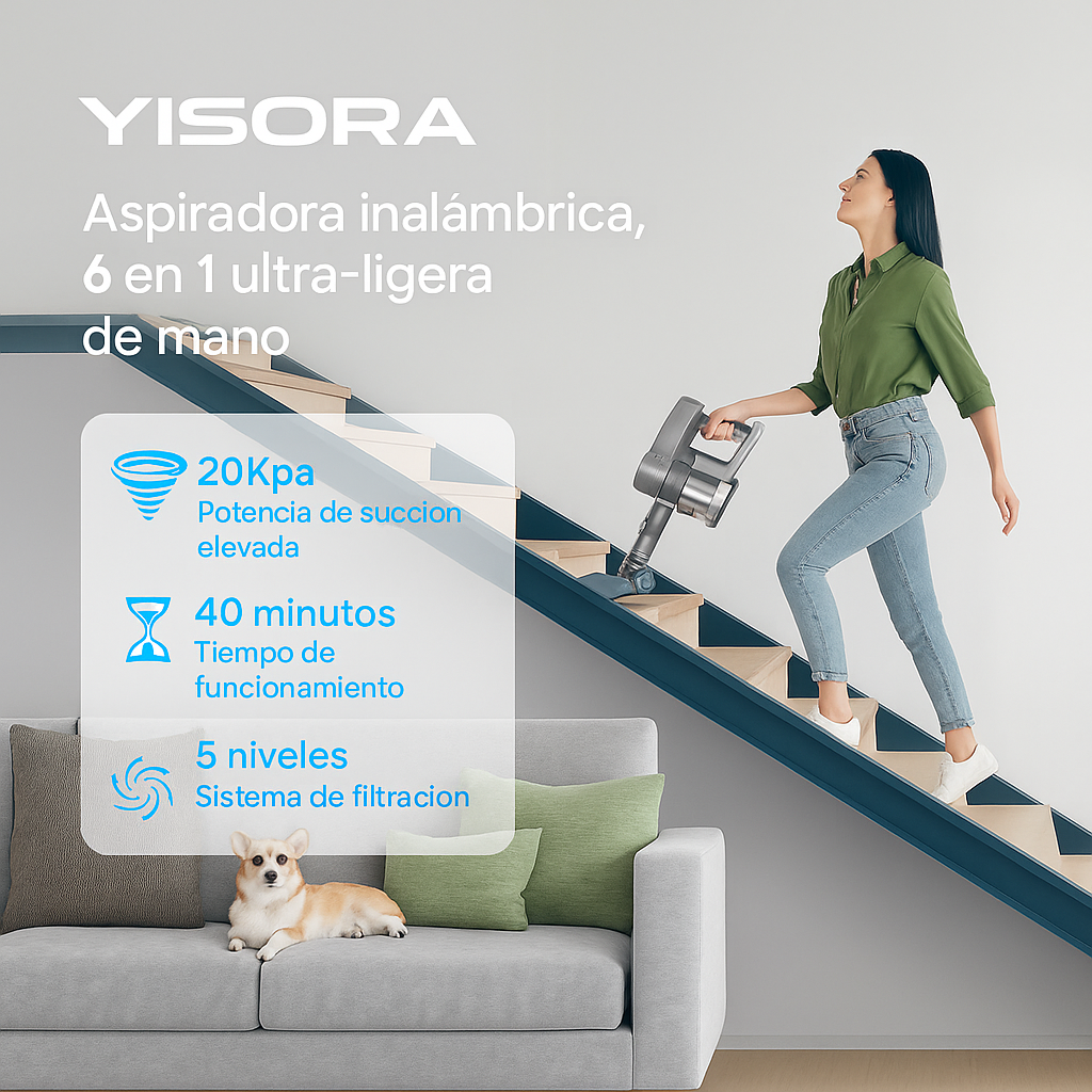 Aspiradora Vertical Sin Cable, Ultraligera 6 en 1 con Filtro HEPA y Cepillo LED