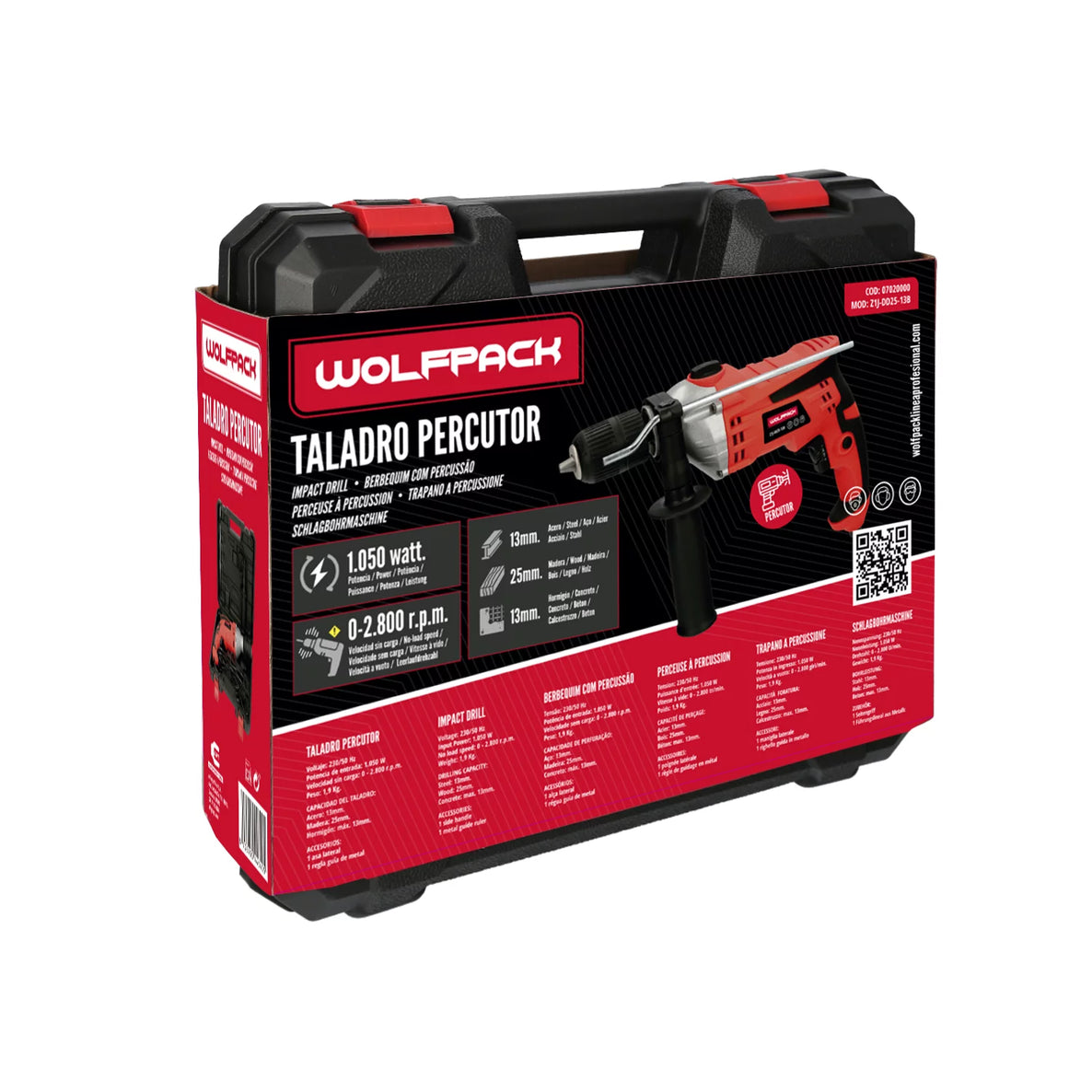 Taladro Percutor con Variador de Velocidad 1050 Watt, Maletín, Empuñadura y Guia Metalica