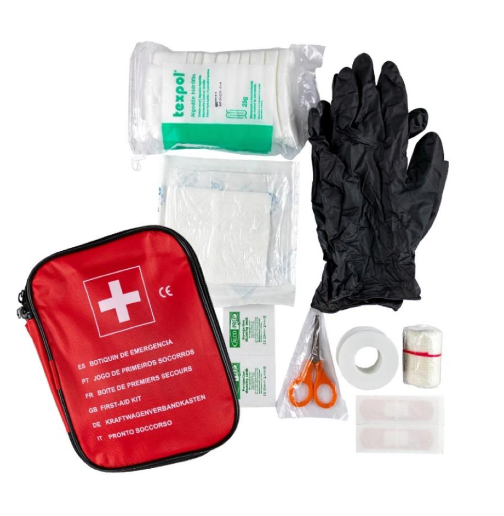Botiquín de Primeros Auxilios para Coche y Viaje en Bolsa Roja (11 Piezas)