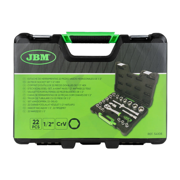 Maletín de Herramientas de 22 Piezas con Vasos Hexagonales de 1/2" – Acero S2 Cincado