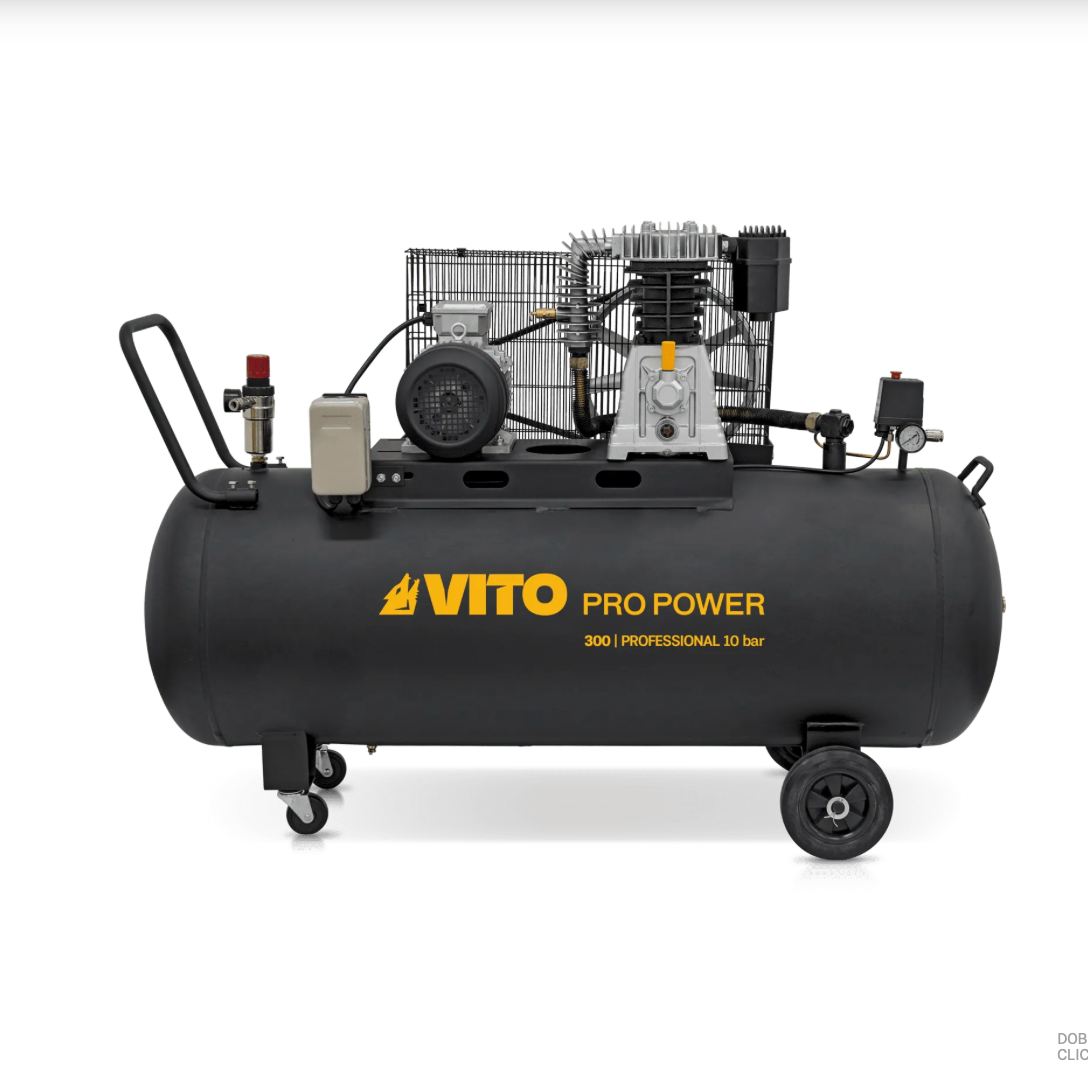 Compresor de Aire Trifásico con Correa 300 L, 5,5 CV, 10 bar, 500 L/min, Motor 4 kW, Depósito 290 L, Bajo Ruido 83 dB, Protección Térmica, Visor de Aceite, Transmisión 830 rpm – VITO Tools