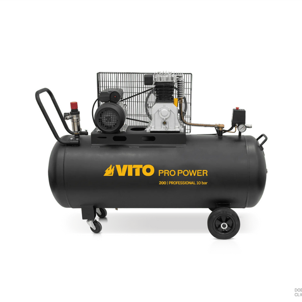 Compresor de Aire con Correa 200 L, 4 CV, 10 bar, 400 L/min, Motor 3 kW, Transmisión por Correa 950 rpm, Protección Térmica, Visor de Aceite, 4 Ruedas – VITO Tools