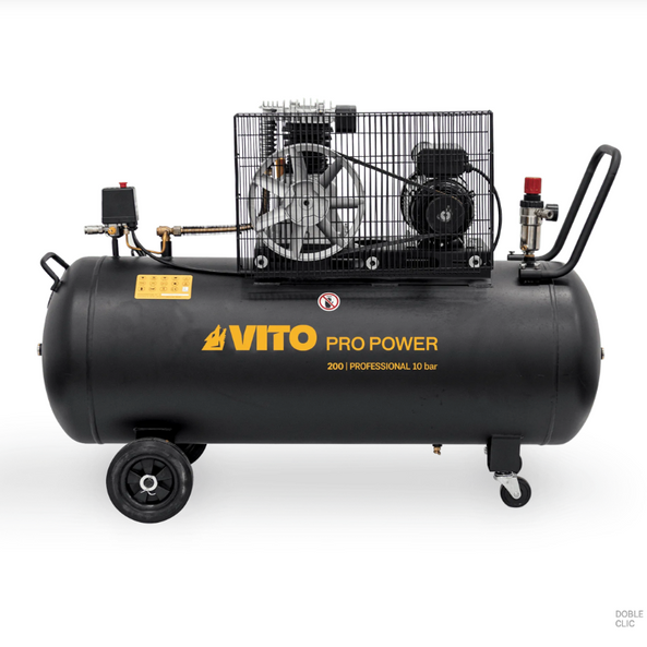 Compresor de Aire con Correa 200 L, 4 CV, 10 bar, 400 L/min, Motor 3 kW, Transmisión por Correa 950 rpm, Protección Térmica, Visor de Aceite, 4 Ruedas – VITO Tools
