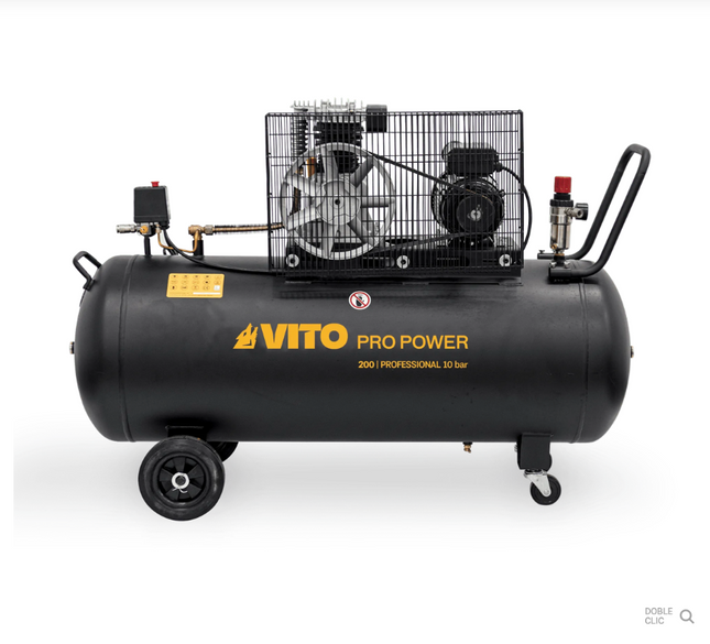 Compresor de Aire con Correa 200 L, 4 CV, 10 bar, 400 L/min, Motor 3 kW, Transmisión por Correa 950 rpm, Protección Térmica, Visor de Aceite, 4 Ruedas – VITO Tools