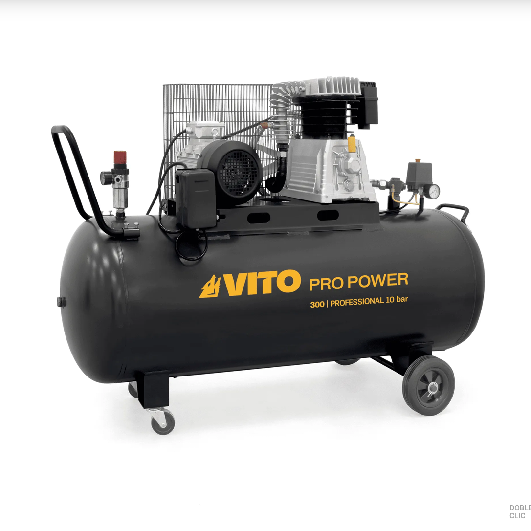 Compresor de Aire Trifásico con Correa 300 L, 5,5 CV, 10 bar, 500 L/min, Motor 4 kW, Depósito 290 L, Bajo Ruido 83 dB, Protección Térmica, Visor de Aceite, Transmisión 830 rpm – VITO Tools