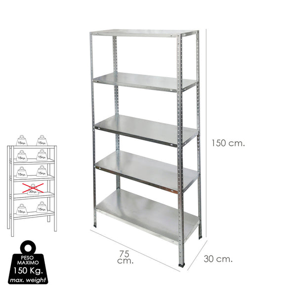 Estantería Galvanizada 150x75x30 cm | 5 Baldas Ajustables | 150 kg