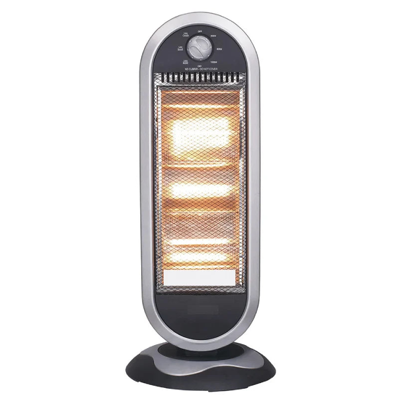 Estufa Eléctrica Oscilante Negro/Plata 1200W con Tubos de Cristal y Sistema Antivuelco