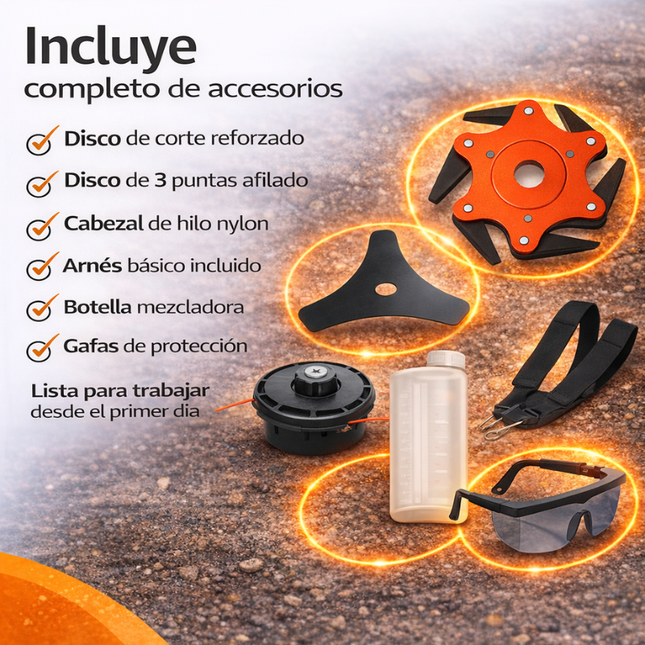 Desbrozadora Gasolina 52cc  con Arnés y Kit Completo (Disco 3 y 6 Puntas + Hilo)