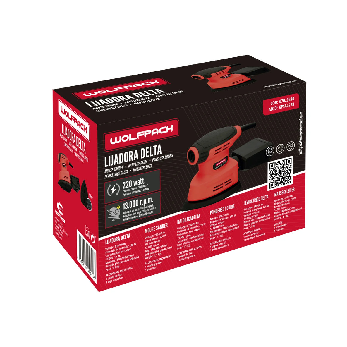 Lijadora Delta 220W para Madera y Metal – Wolfpack con Velcro y Aspiración