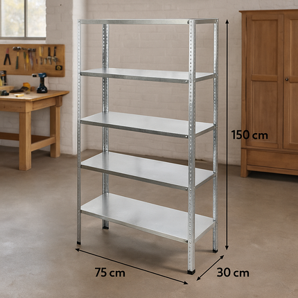 Estantería Galvanizada 150x75x30 cm | 5 Baldas Ajustables | 150 kg