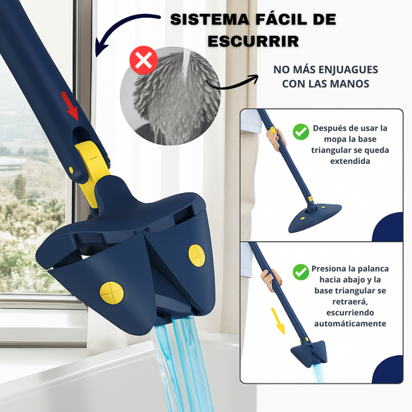 Mopa Triangular Giratoria 360º con Autoescurrido y Mango Extensible | Incluye 2 Paños de Microfibra