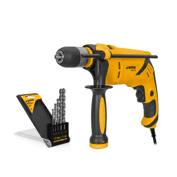 Taladro Percutor  850W + Juego de 5 Brocas de Acero | Portabrocas 13mm Autoapretante | Mango Soft Grip